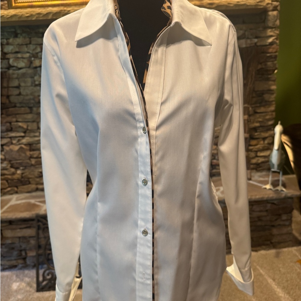 Calvin Klein Collection White and Brown Blouse with Leopard Detail